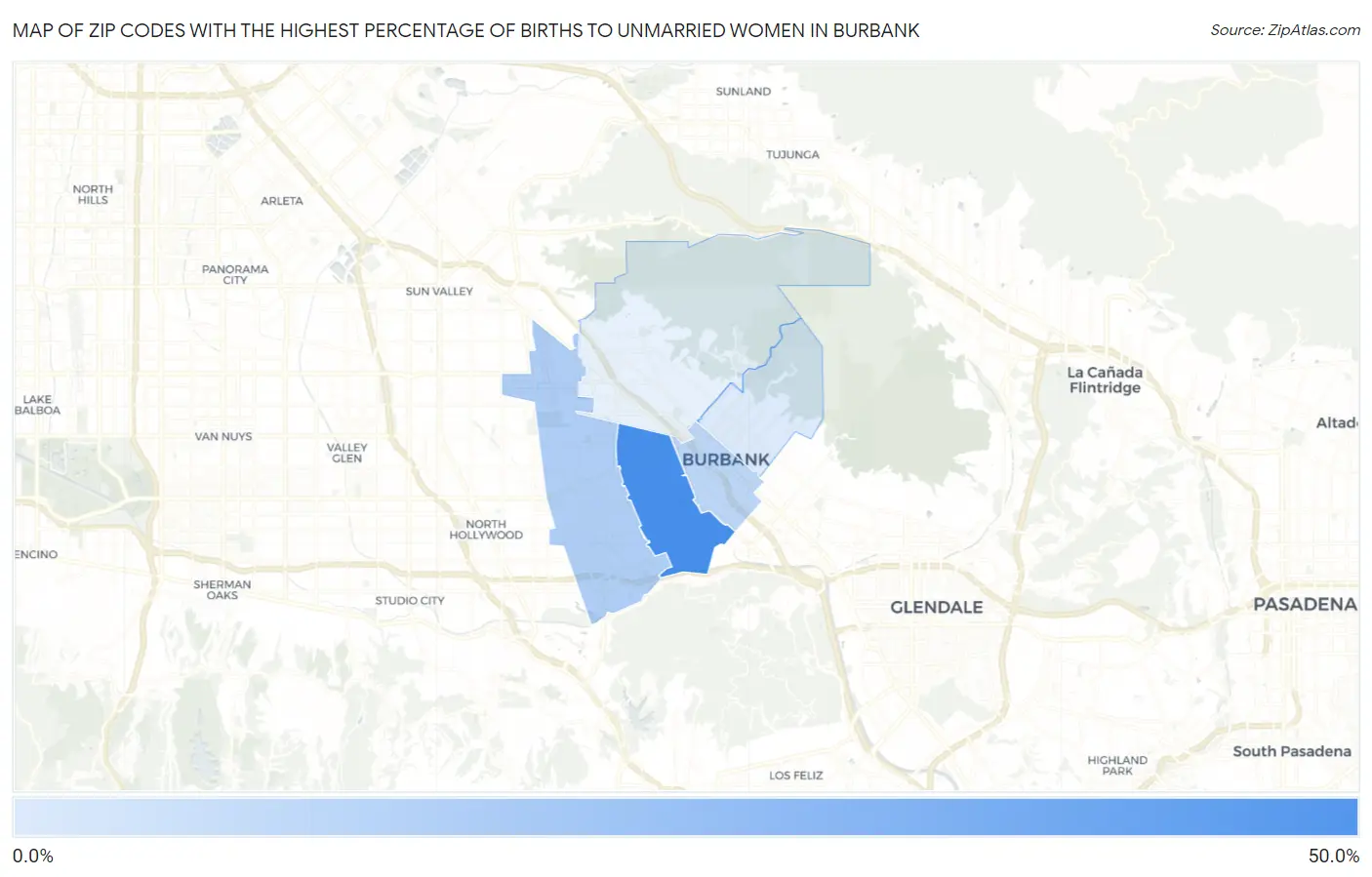 Zip Codes with the Highest Percentage of Births to Unmarried Women in Burbank Map
