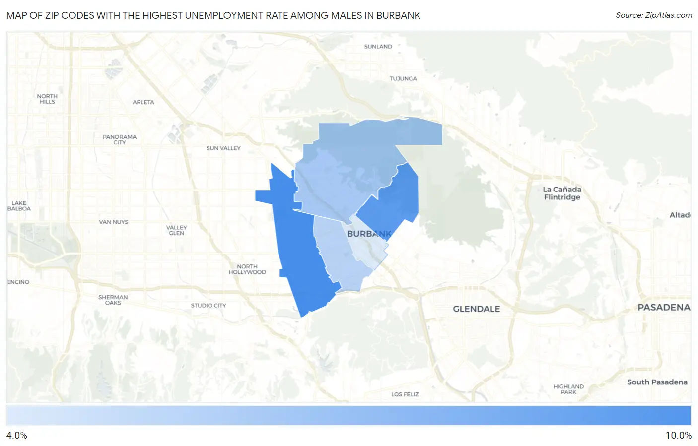 Zip Codes with the Highest Unemployment Rate Among Males in Burbank Map