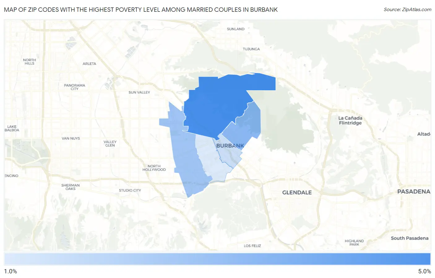 Zip Codes with the Highest Poverty Level Among Married Couples in Burbank Map