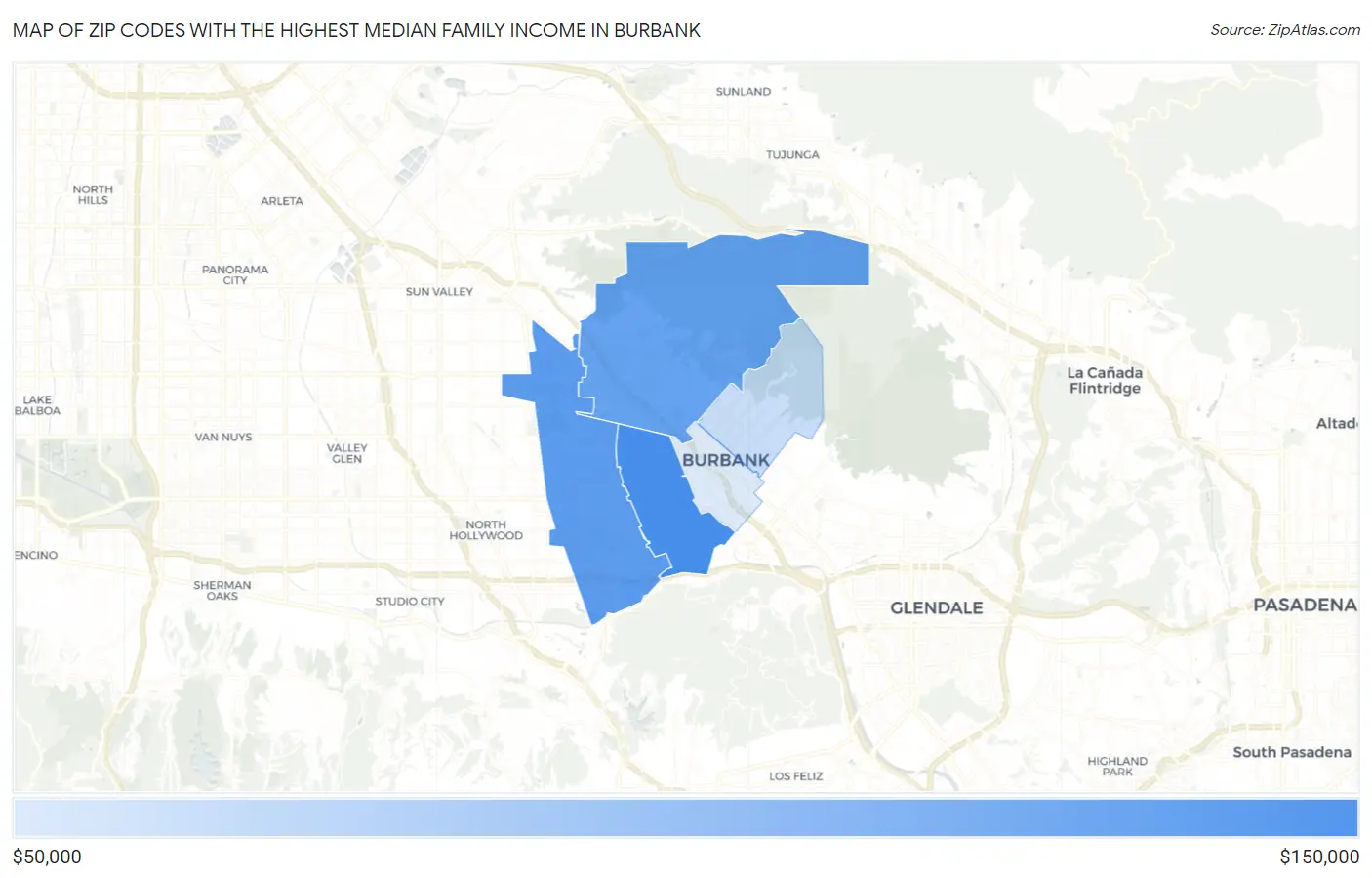 Zip Codes with the Highest Median Family Income in Burbank Map