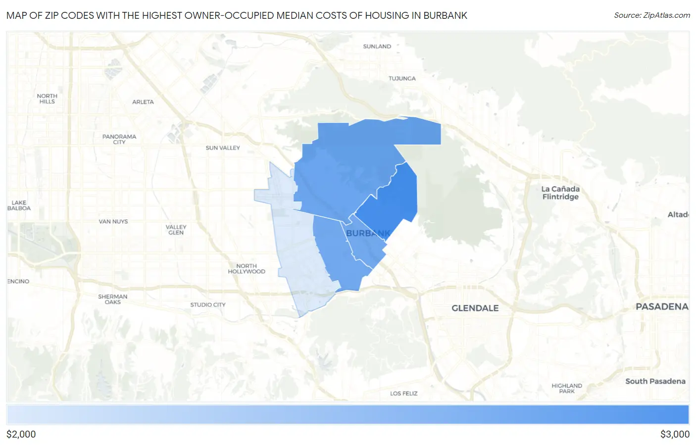 Zip Codes with the Highest Owner-Occupied Median Costs of Housing in Burbank Map