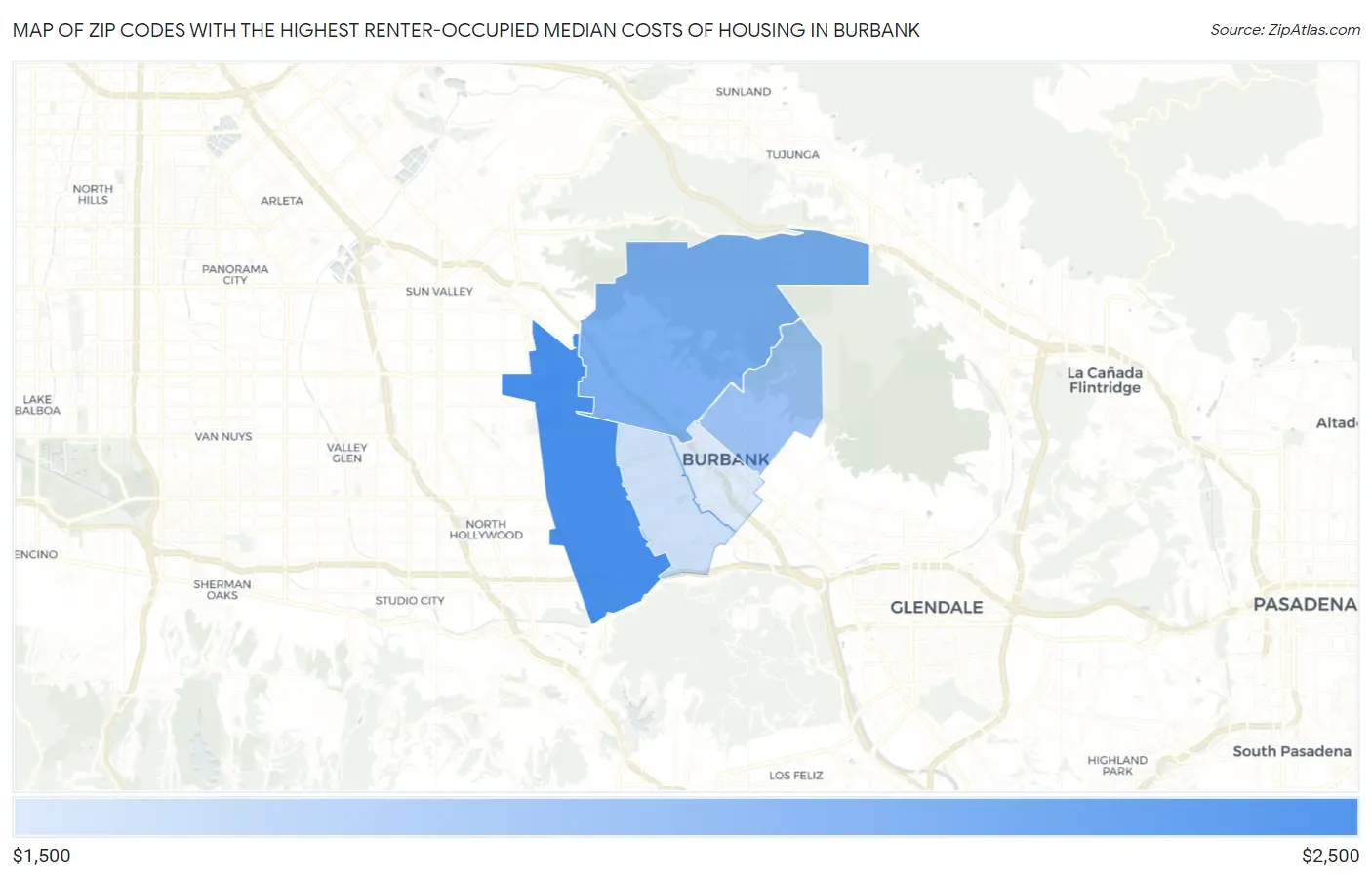 Zip Codes with the Highest Renter-Occupied Median Costs of Housing in Burbank Map