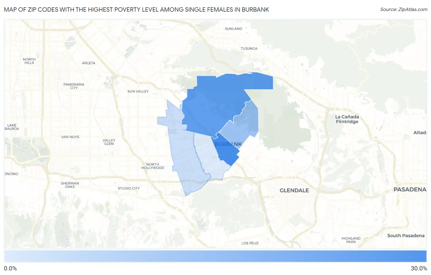 Zip Codes with the Highest Poverty Level Among Single Females in Burbank Map