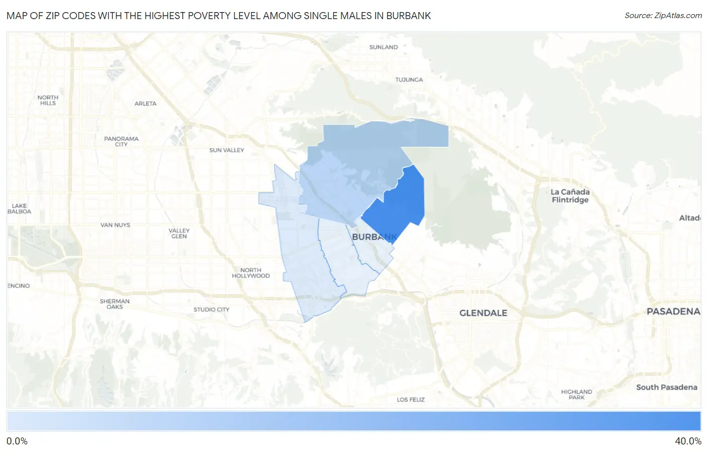 Zip Codes with the Highest Poverty Level Among Single Males in Burbank Map