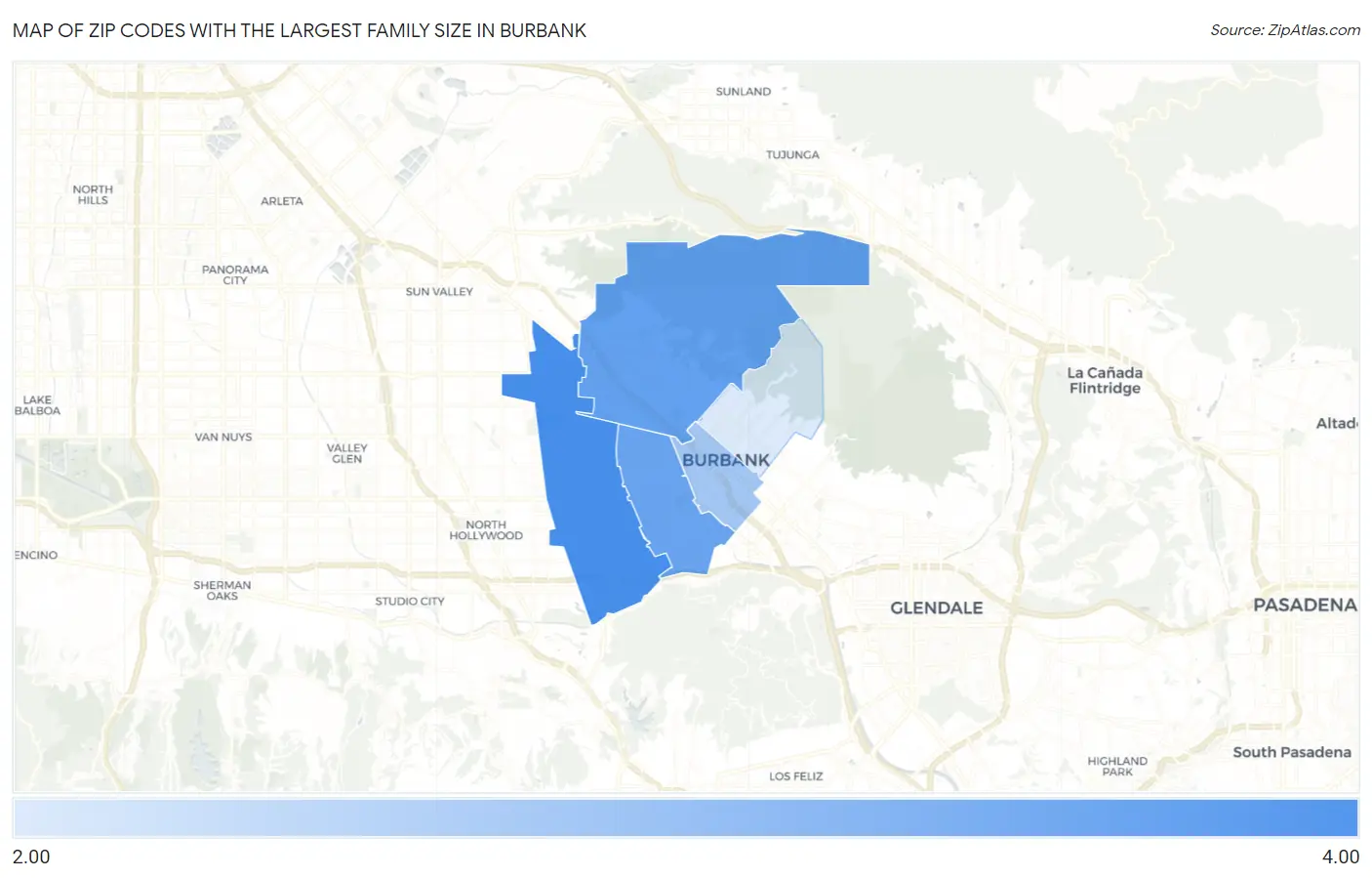 Zip Codes with the Largest Family Size in Burbank Map