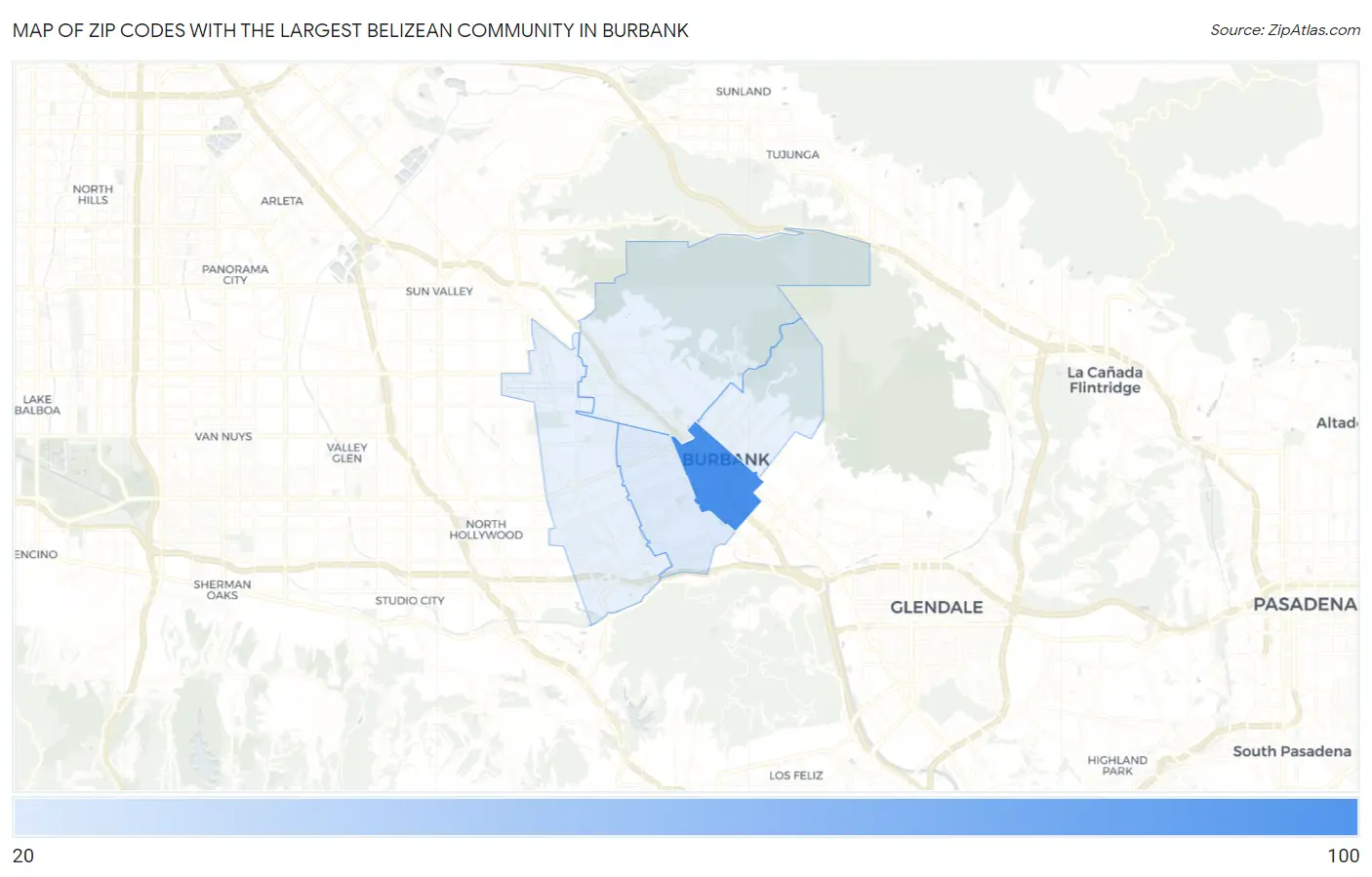 Zip Codes with the Largest Belizean Community in Burbank Map