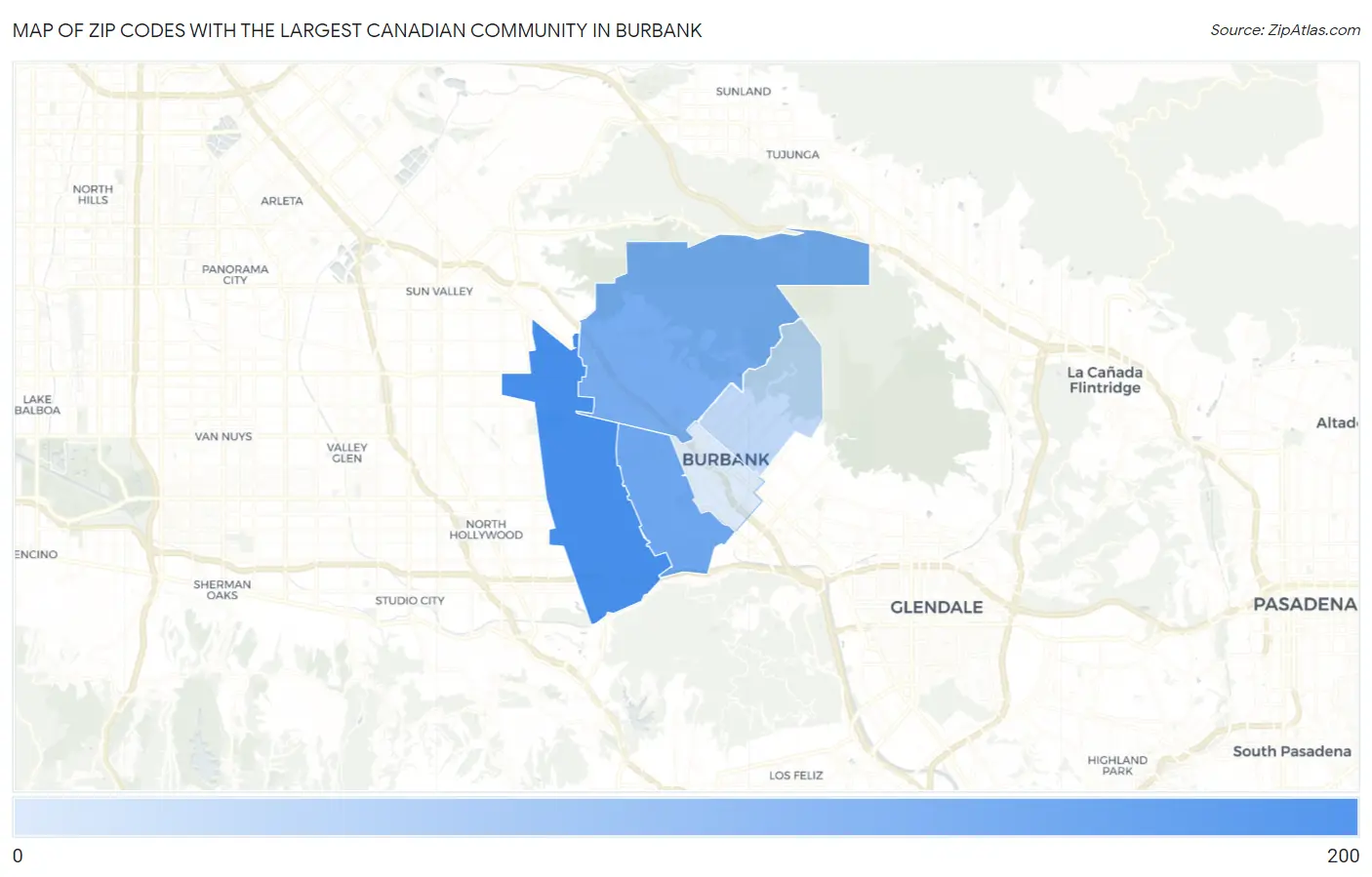 Zip Codes with the Largest Canadian Community in Burbank Map