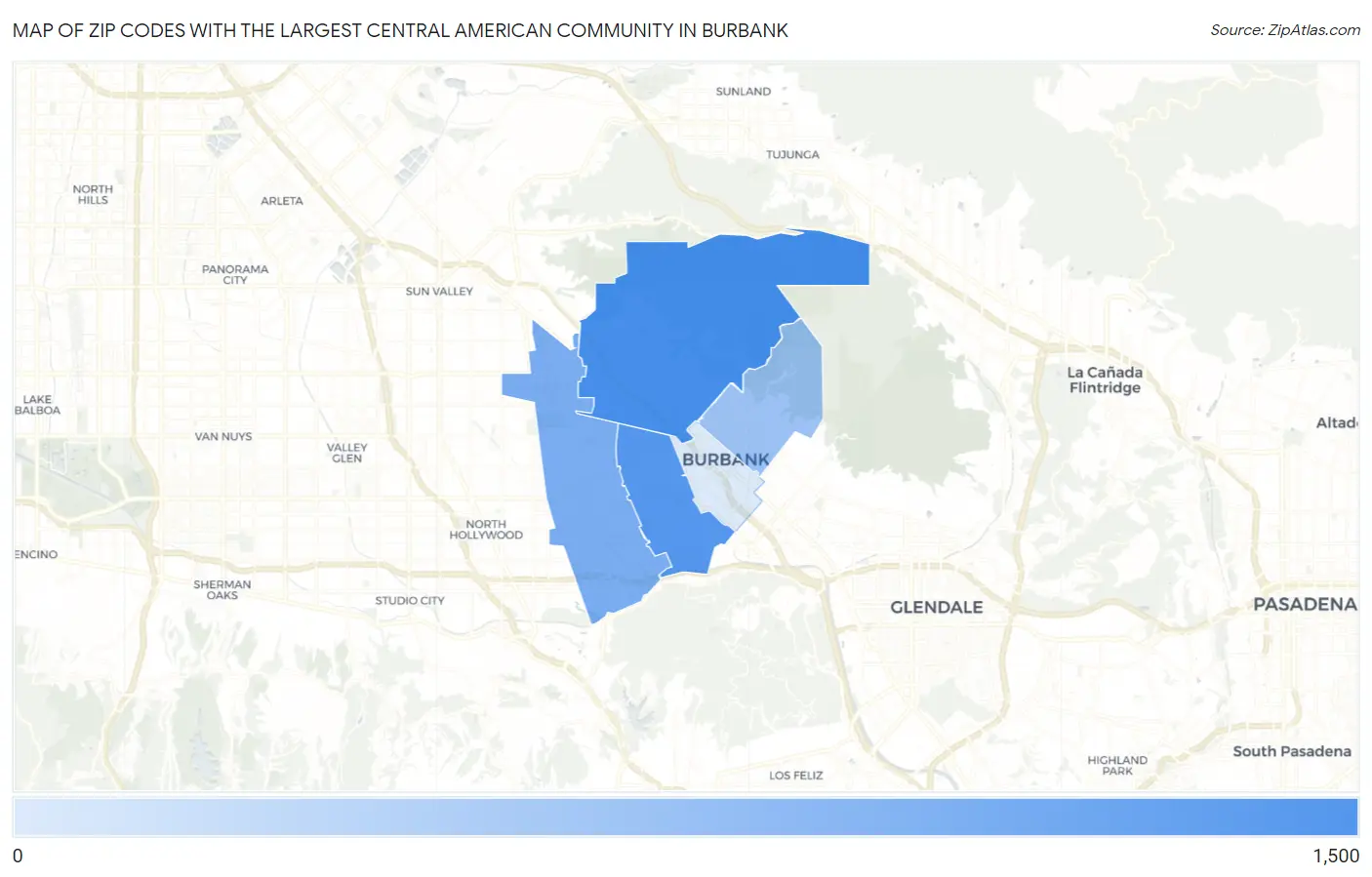 Zip Codes with the Largest Central American Community in Burbank Map