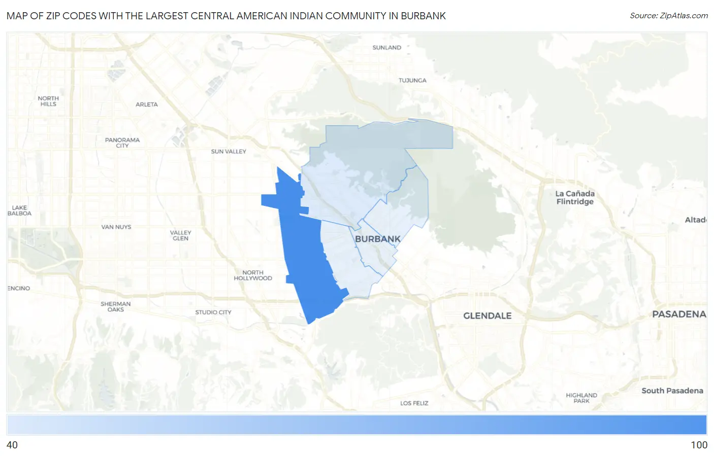 Zip Codes with the Largest Central American Indian Community in Burbank Map