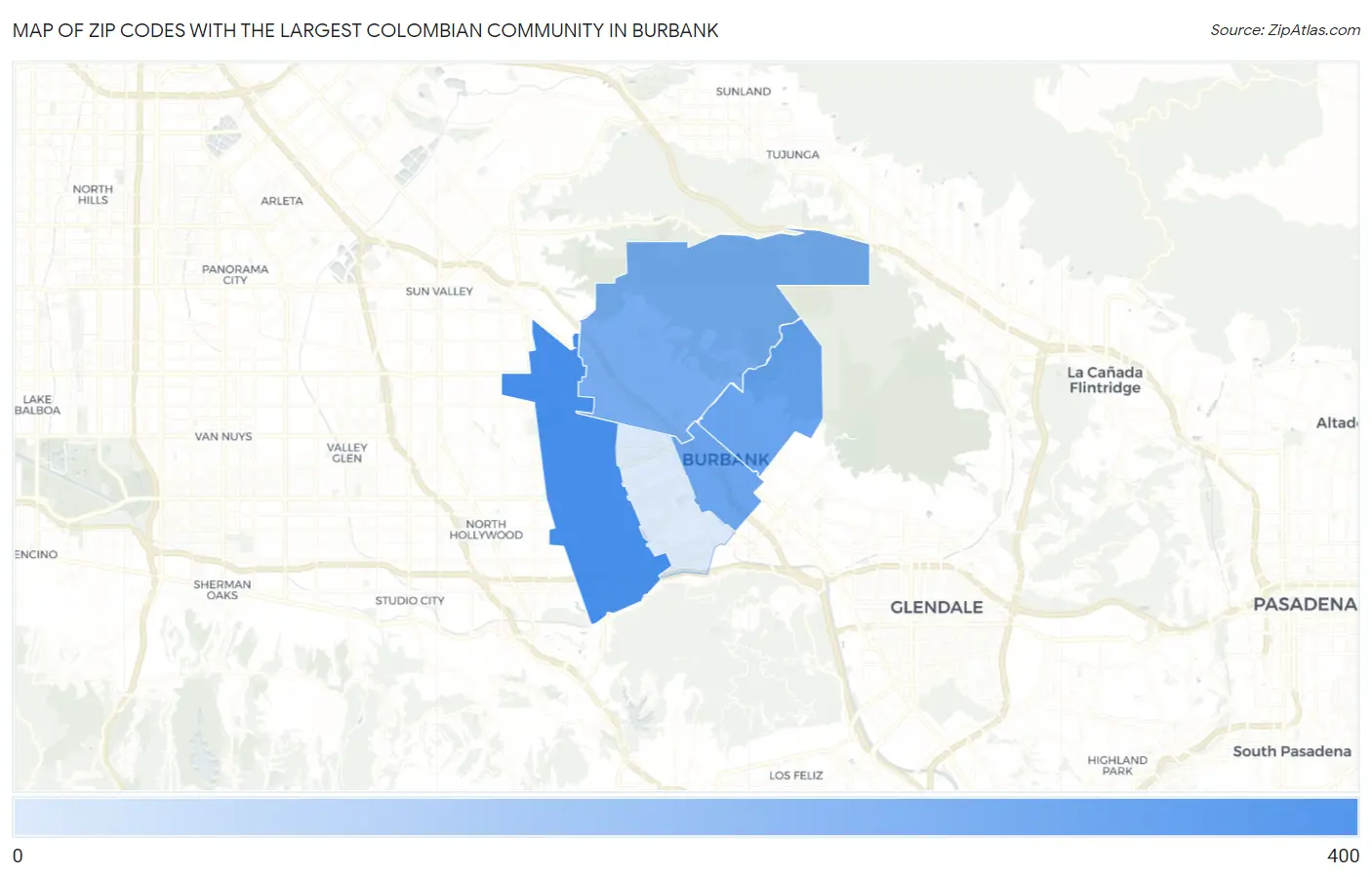Zip Codes with the Largest Colombian Community in Burbank Map