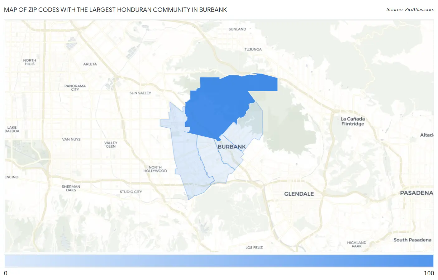 Zip Codes with the Largest Honduran Community in Burbank Map