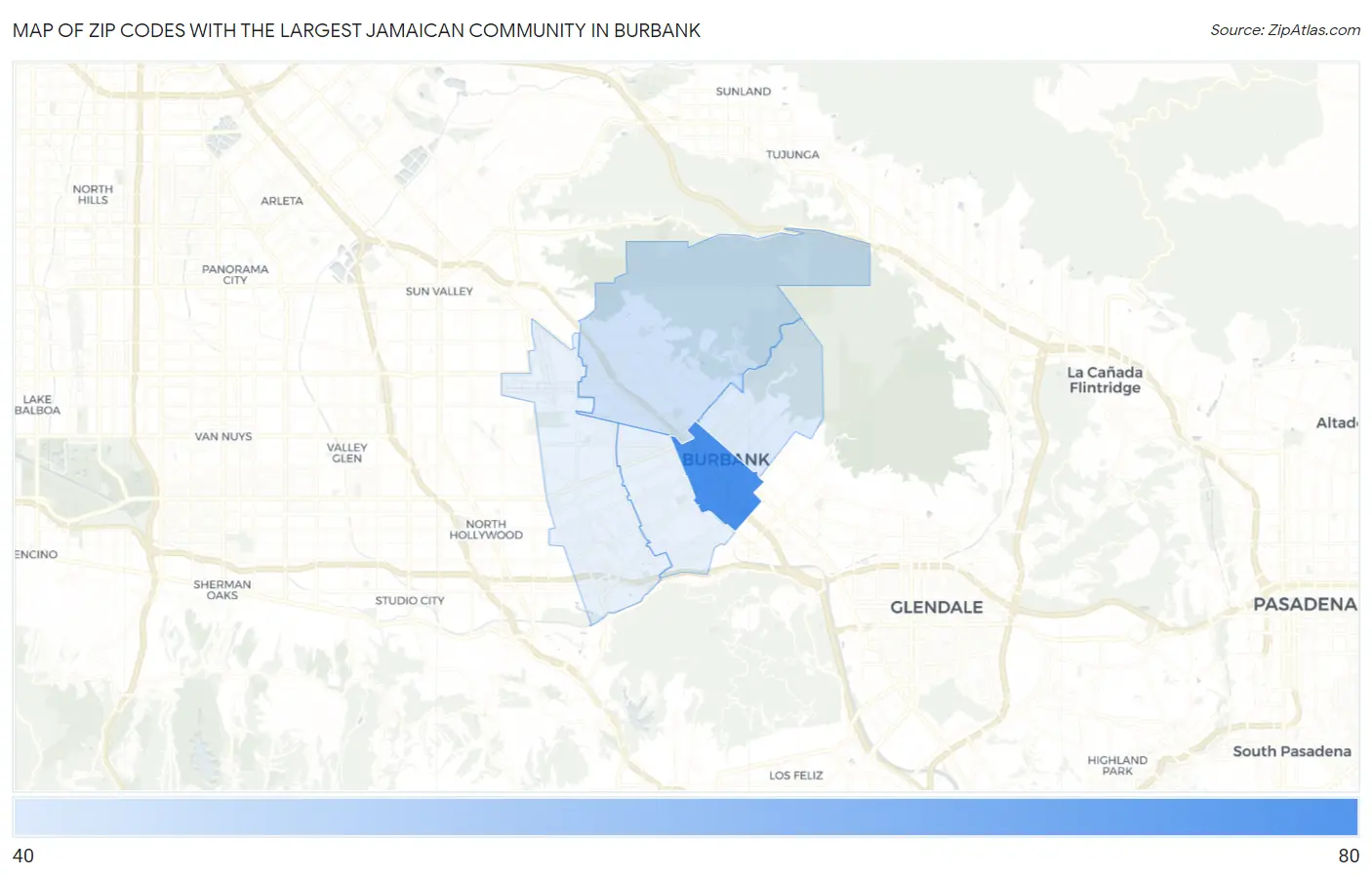 Zip Codes with the Largest Jamaican Community in Burbank Map