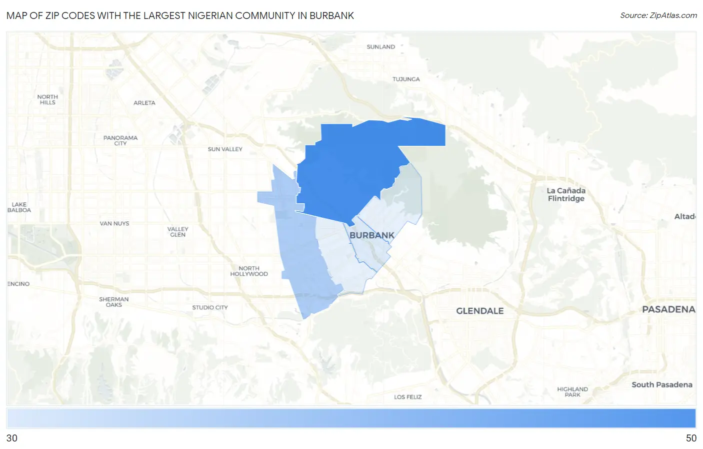 Zip Codes with the Largest Nigerian Community in Burbank Map