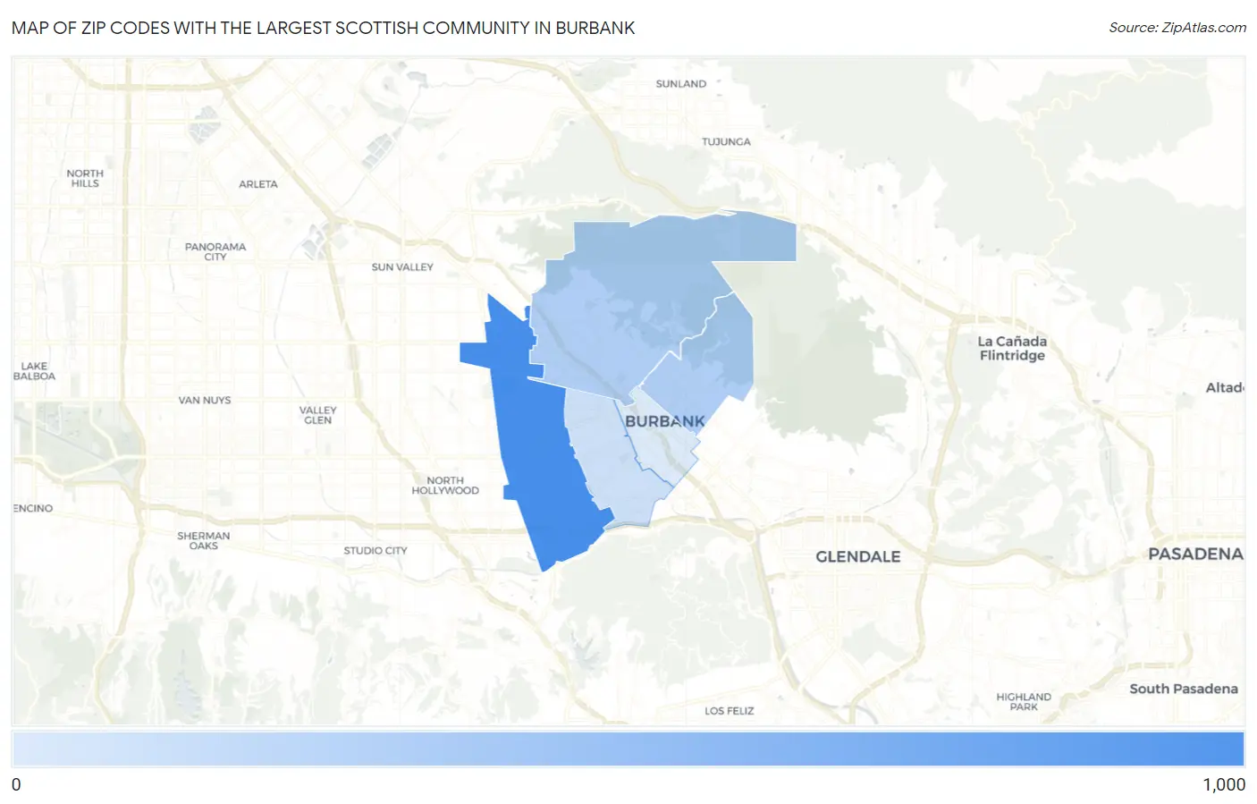 Zip Codes with the Largest Scottish Community in Burbank Map