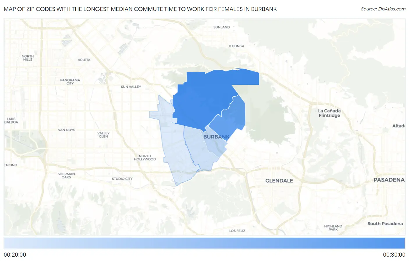 Zip Codes with the Longest Median Commute Time to Work for Females in Burbank Map