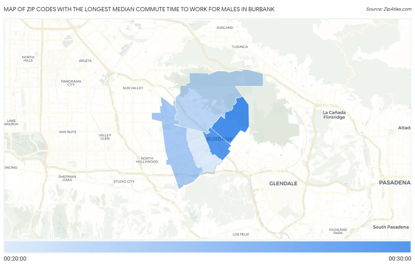 Zip Codes with the Longest Median Commute Time to Work for Males in Burbank Map