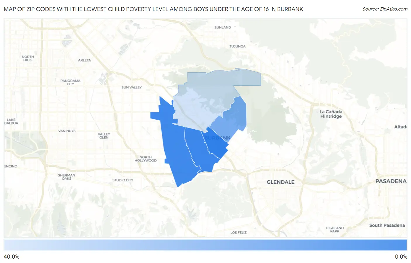 Zip Codes with the Lowest Child Poverty Level Among Boys Under the Age of 16 in Burbank Map