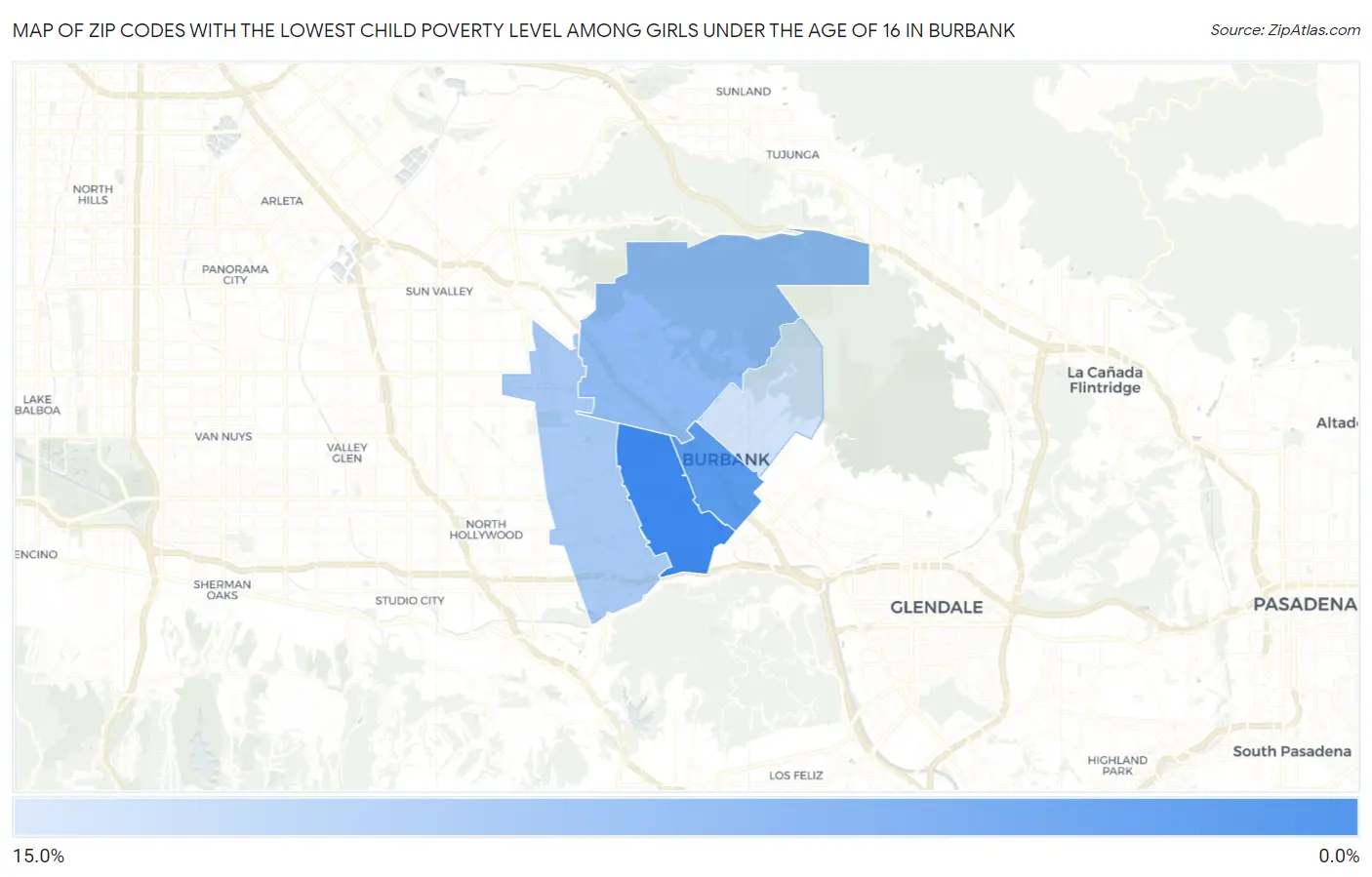 Zip Codes with the Lowest Child Poverty Level Among Girls Under the Age of 16 in Burbank Map