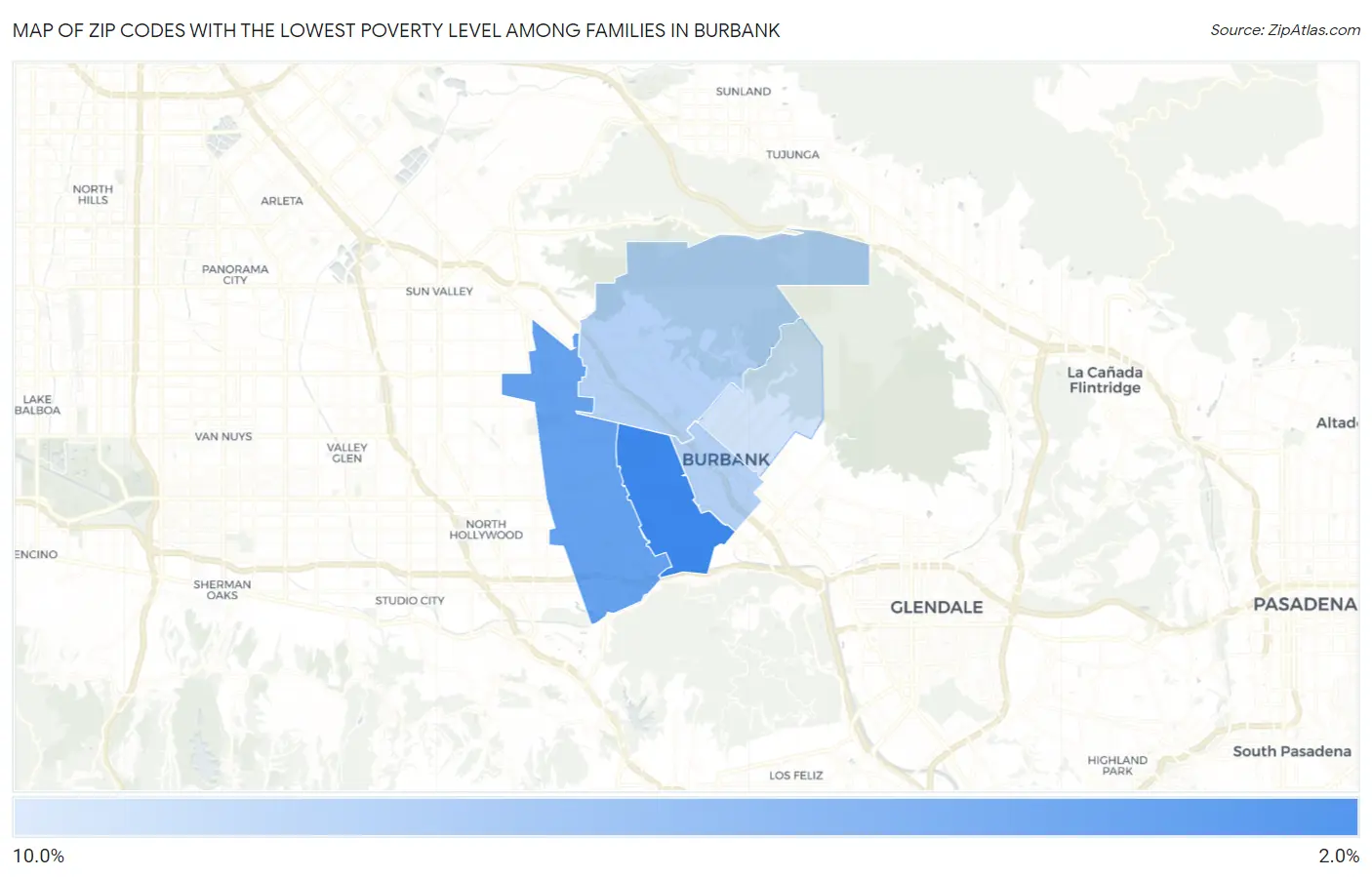 Zip Codes with the Lowest Poverty Level Among Families in Burbank Map