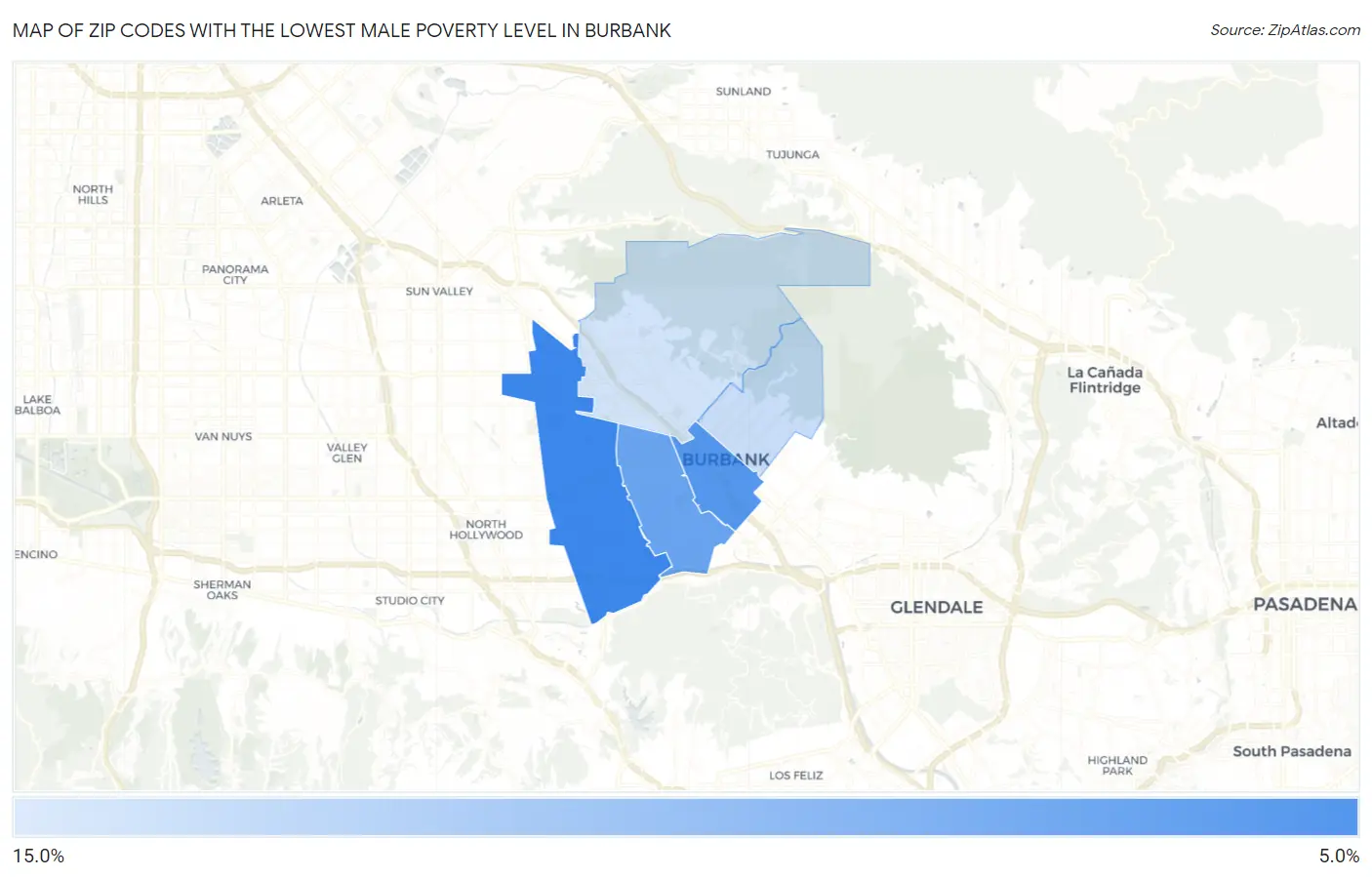 Zip Codes with the Lowest Male Poverty Level in Burbank Map