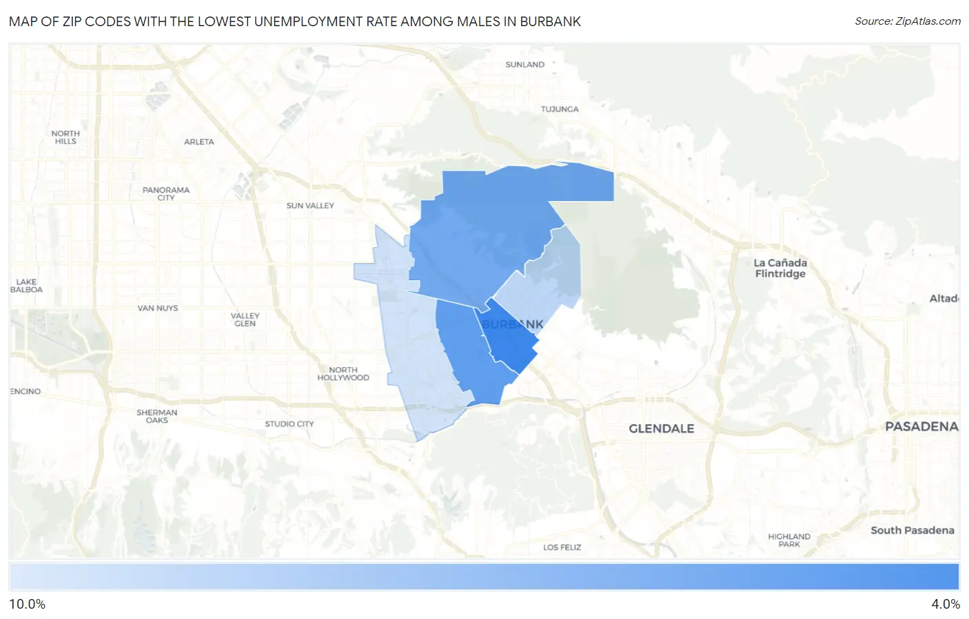 Zip Codes with the Lowest Unemployment Rate Among Males in Burbank Map