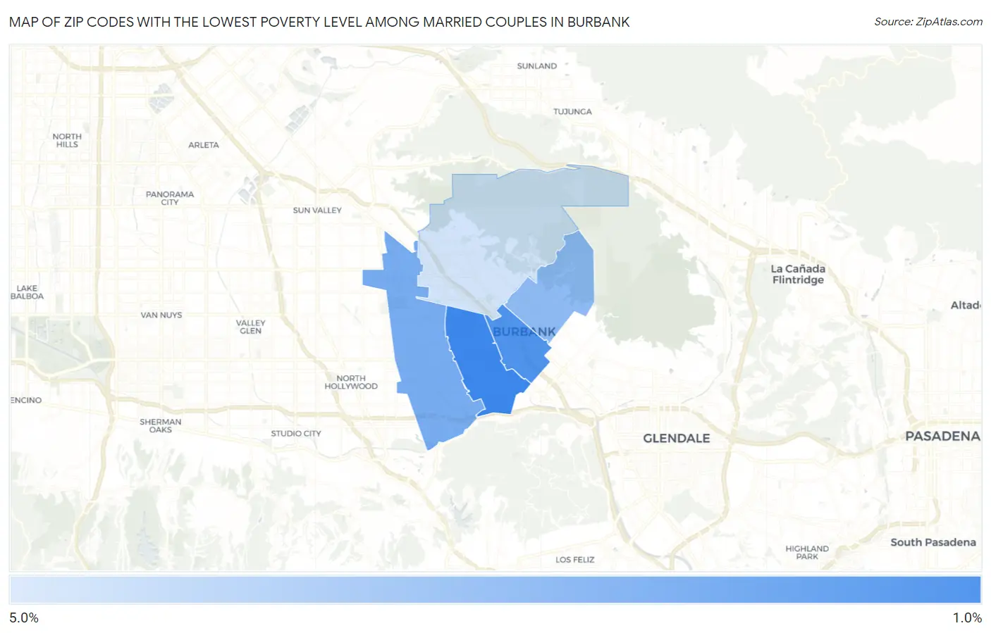 Zip Codes with the Lowest Poverty Level Among Married Couples in Burbank Map