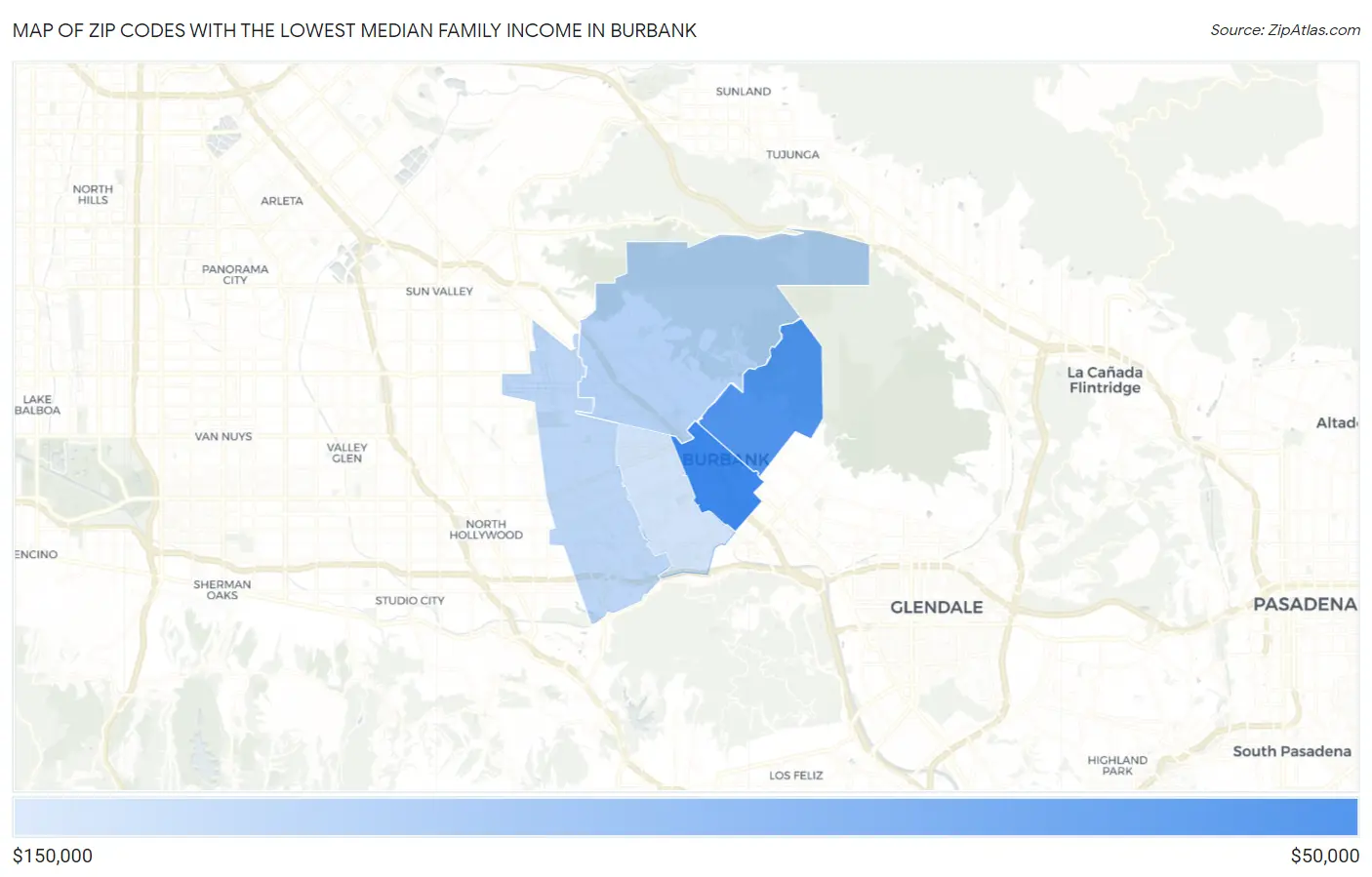 Zip Codes with the Lowest Median Family Income in Burbank Map