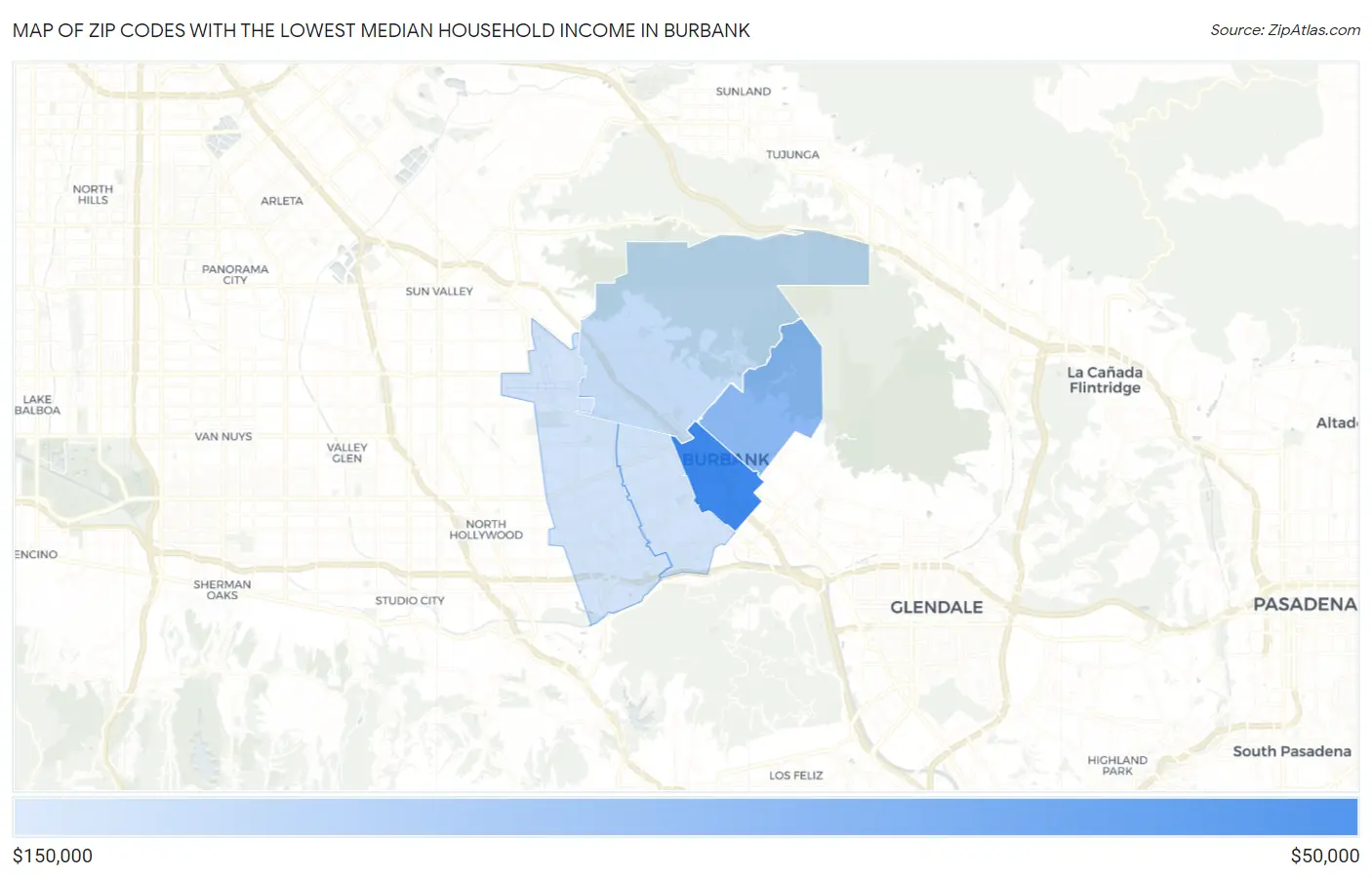 Zip Codes with the Lowest Median Household Income in Burbank Map
