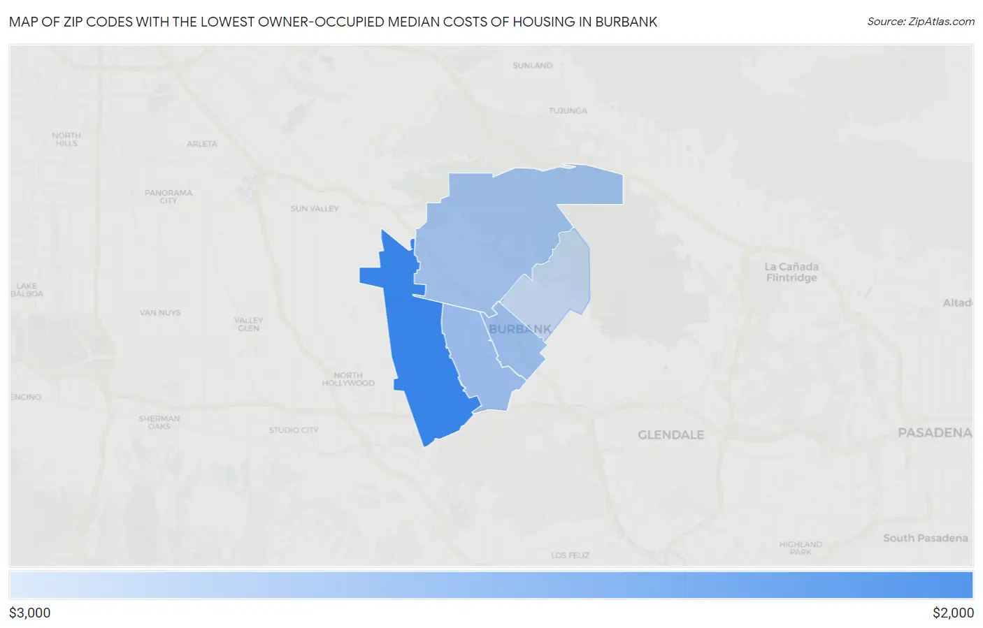 Zip Codes with the Lowest Owner-Occupied Median Costs of Housing in Burbank Map