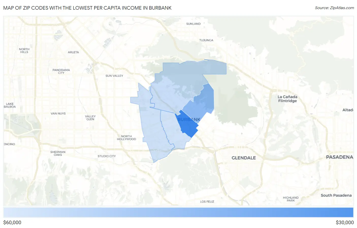 Zip Codes with the Lowest Per Capita Income in Burbank Map