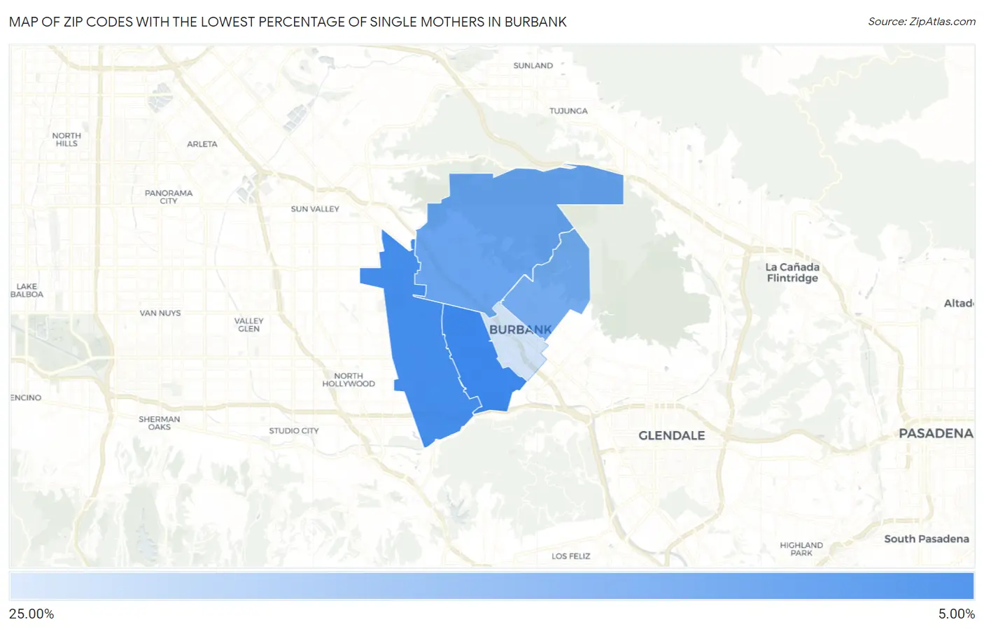 Zip Codes with the Lowest Percentage of Single Mothers in Burbank Map