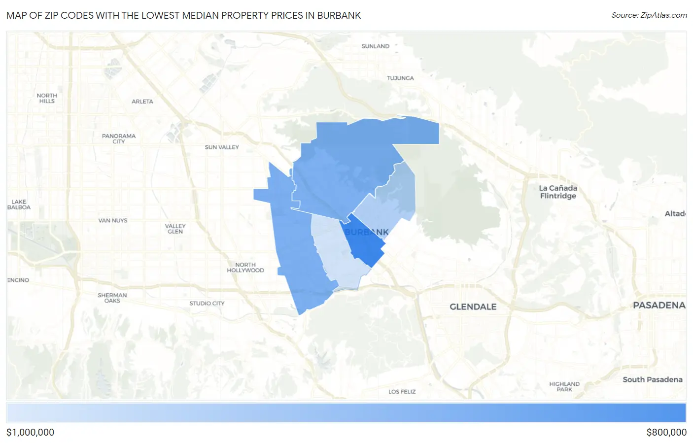 Zip Codes with the Lowest Median Property Prices in Burbank Map