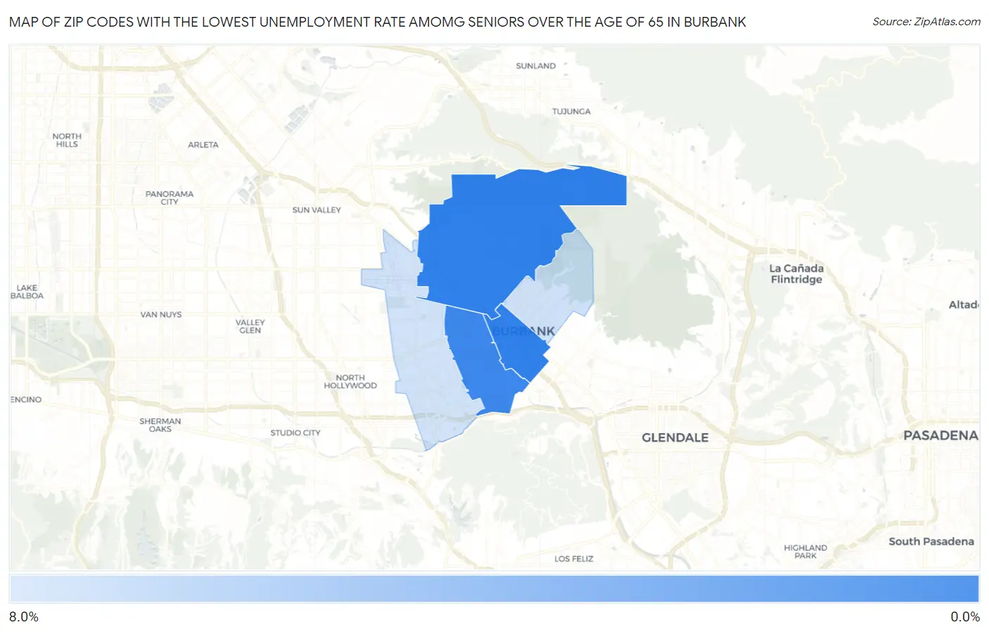 Zip Codes with the Lowest Unemployment Rate Amomg Seniors Over the Age of 65 in Burbank Map