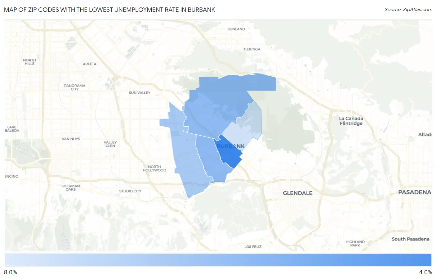 Zip Codes with the Lowest Unemployment Rate in Burbank Map