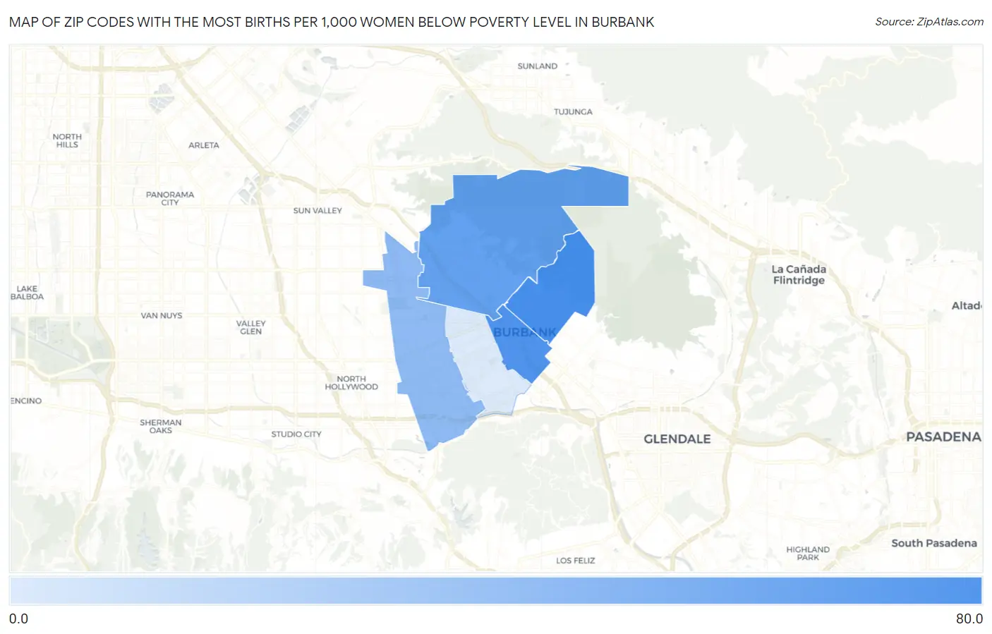 Zip Codes with the Most Births per 1,000 Women Below Poverty Level in Burbank Map