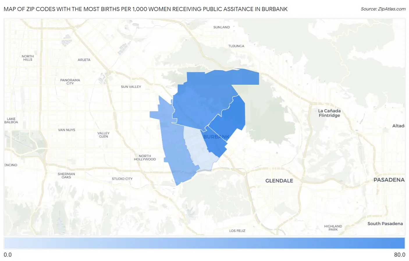 Zip Codes with the Most Births per 1,000 Women Receiving Public Assitance in Burbank Map