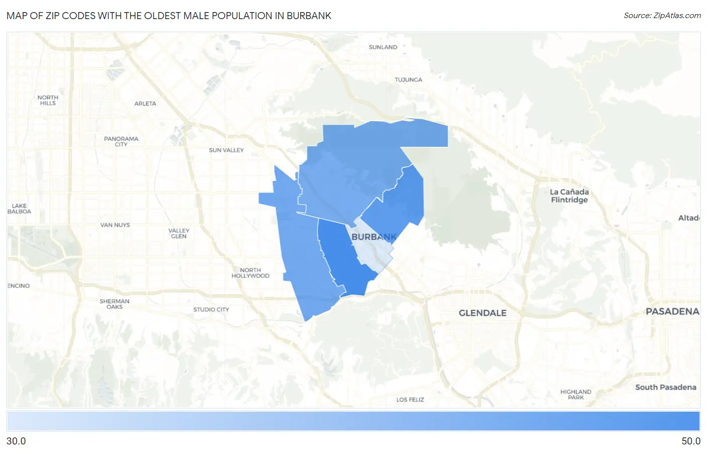 Zip Codes with the Oldest Male Population in Burbank Map