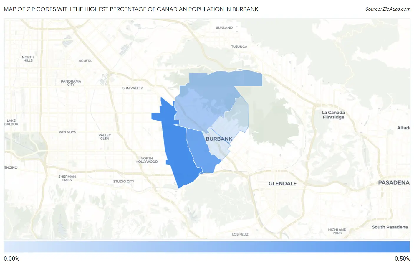 Zip Codes with the Highest Percentage of Canadian Population in Burbank Map