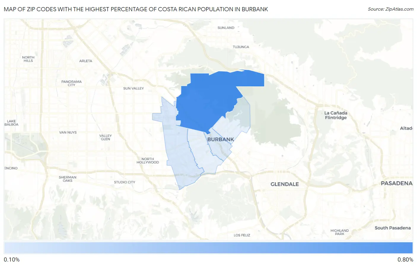 Zip Codes with the Highest Percentage of Costa Rican Population in Burbank Map