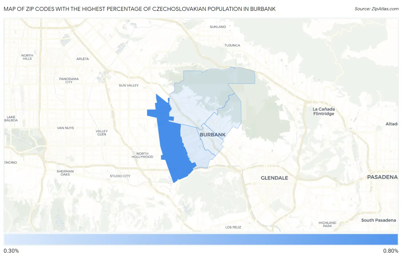 Zip Codes with the Highest Percentage of Czechoslovakian Population in Burbank Map