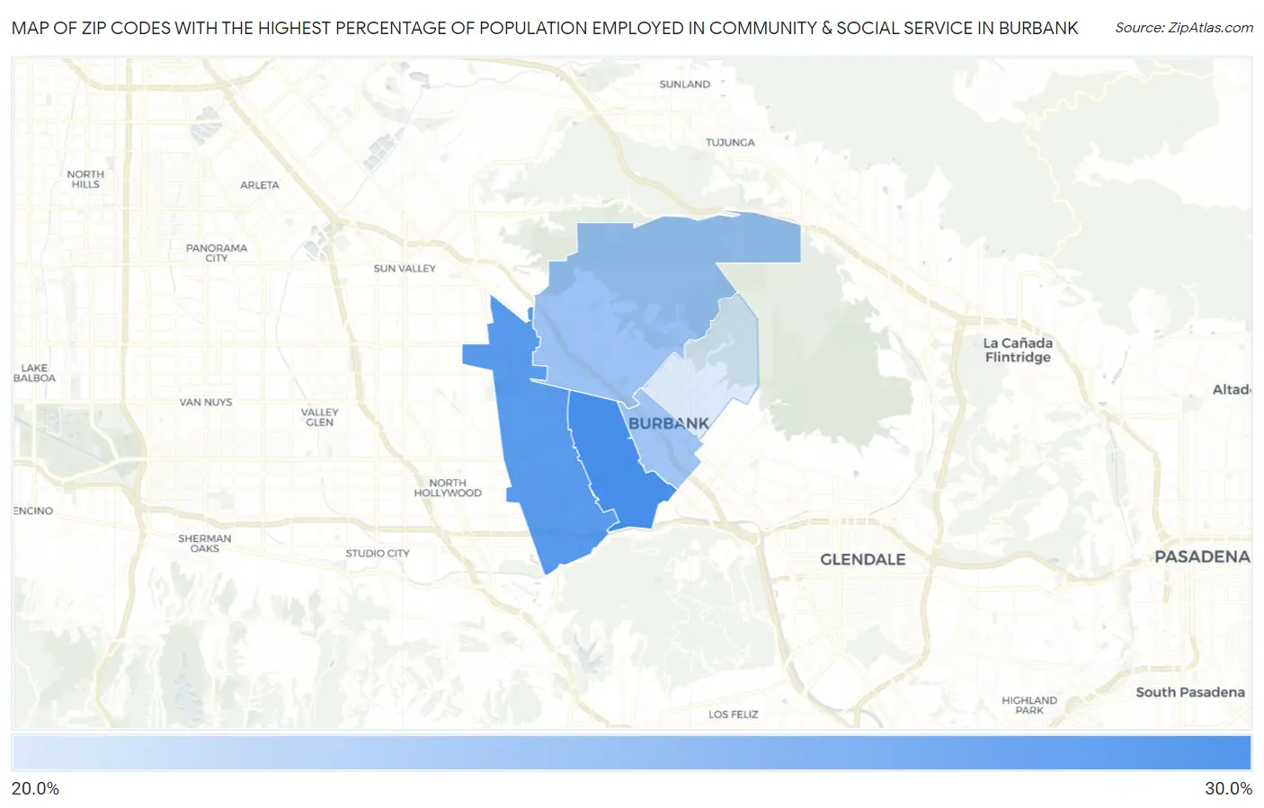 Zip Codes with the Highest Percentage of Population Employed in Community & Social Service  in Burbank Map