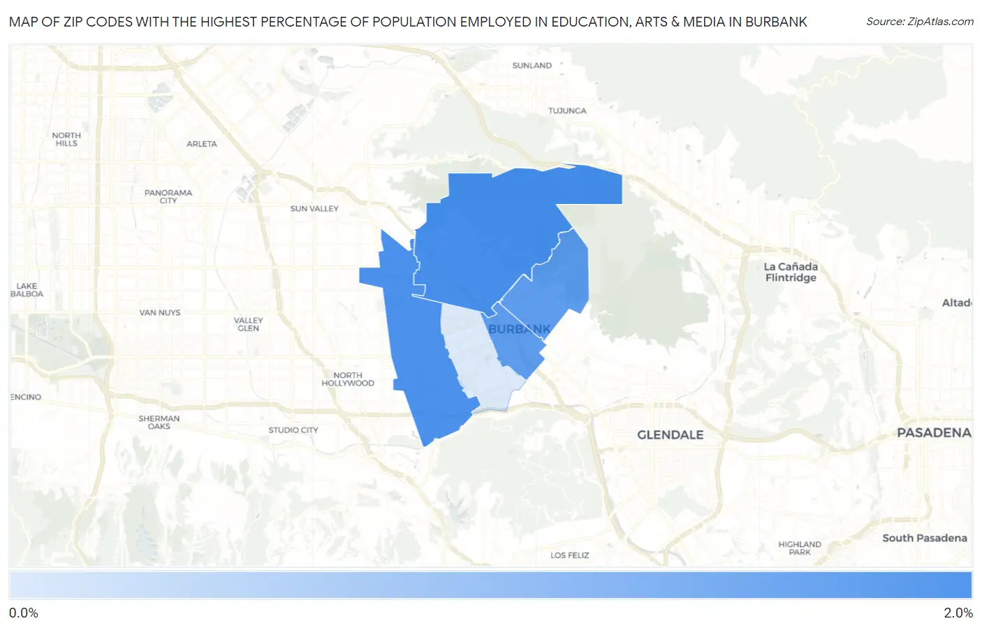 Zip Codes with the Highest Percentage of Population Employed in Education, Arts & Media in Burbank Map