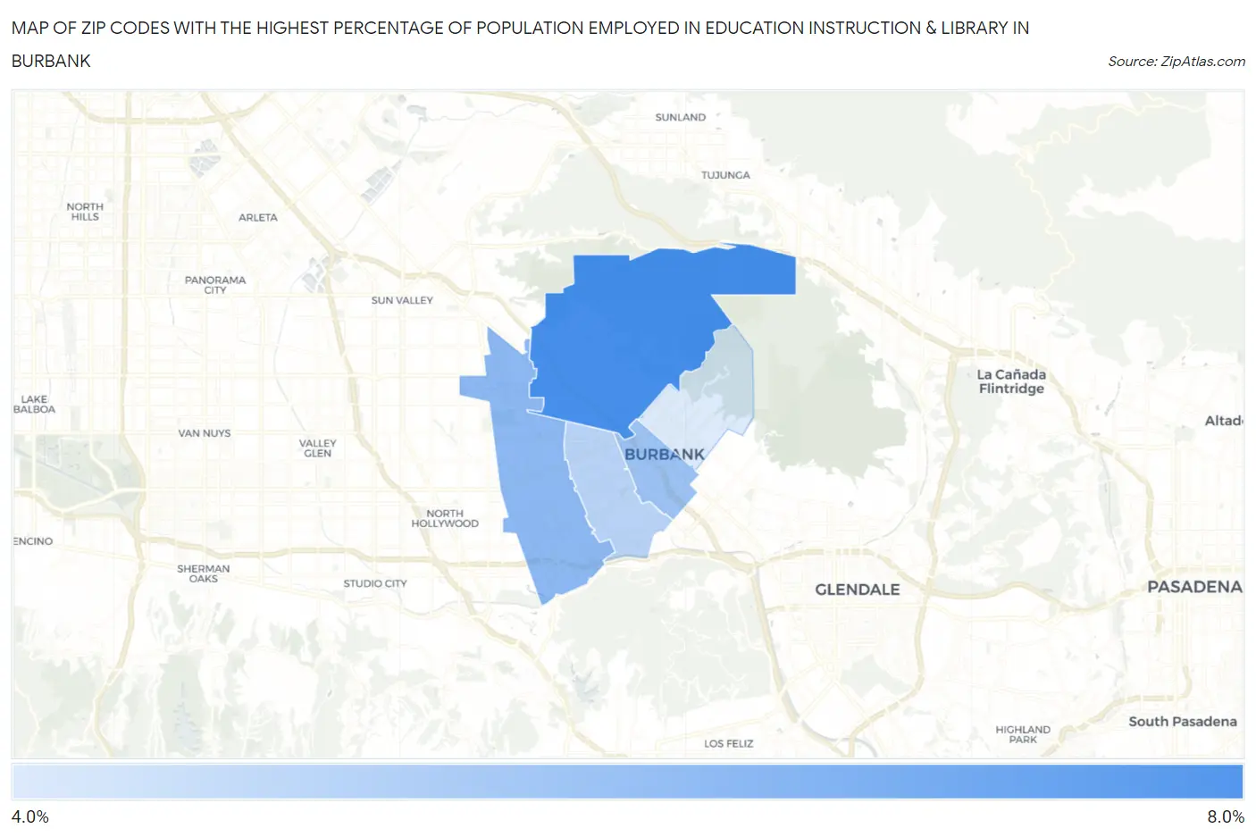 Zip Codes with the Highest Percentage of Population Employed in Education Instruction & Library in Burbank Map