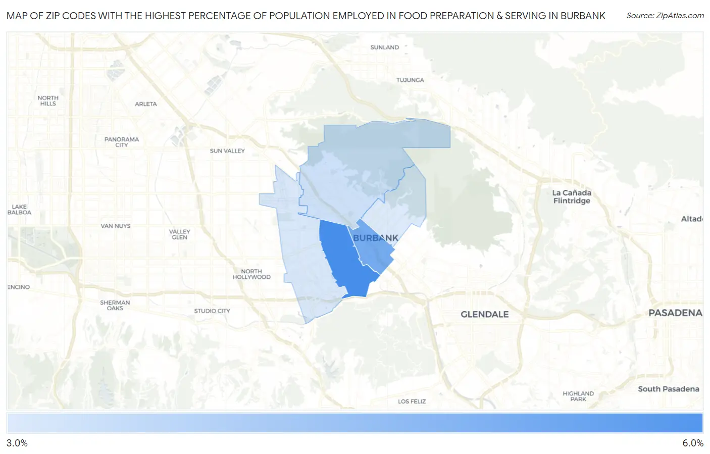 Zip Codes with the Highest Percentage of Population Employed in Food Preparation & Serving in Burbank Map