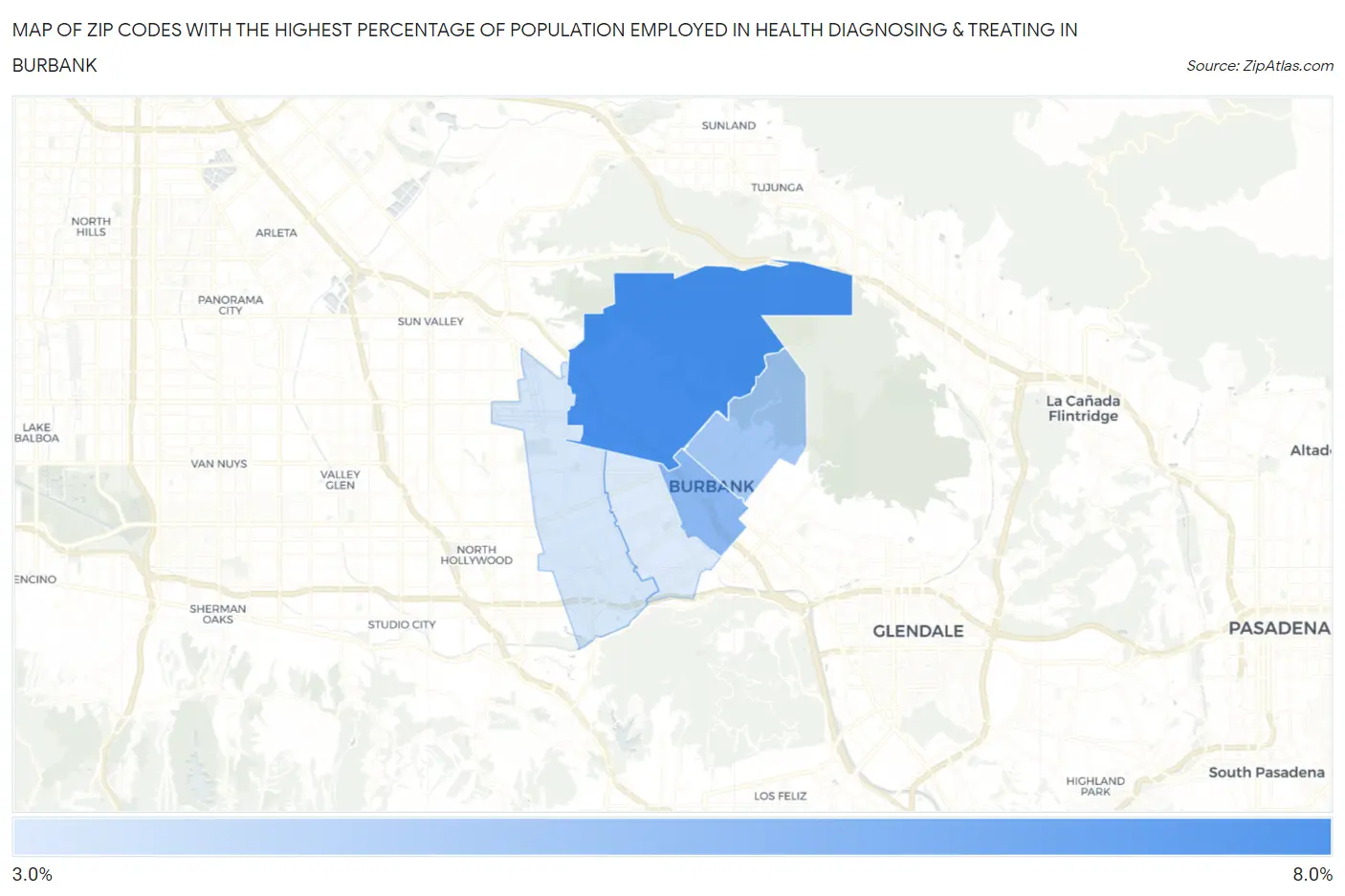 Zip Codes with the Highest Percentage of Population Employed in Health Diagnosing & Treating in Burbank Map