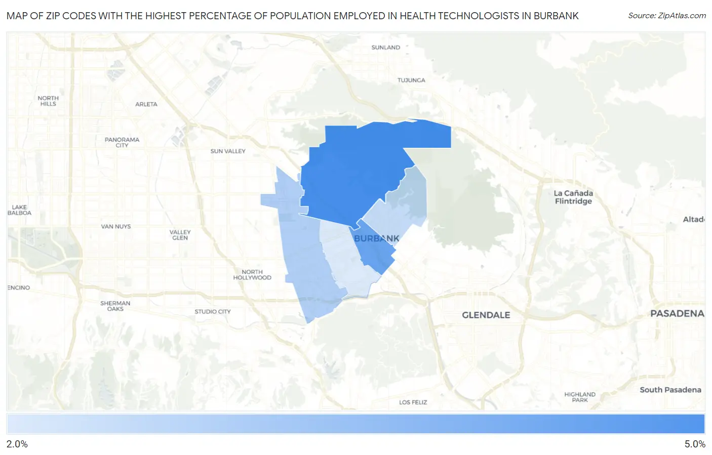 Zip Codes with the Highest Percentage of Population Employed in Health Technologists in Burbank Map