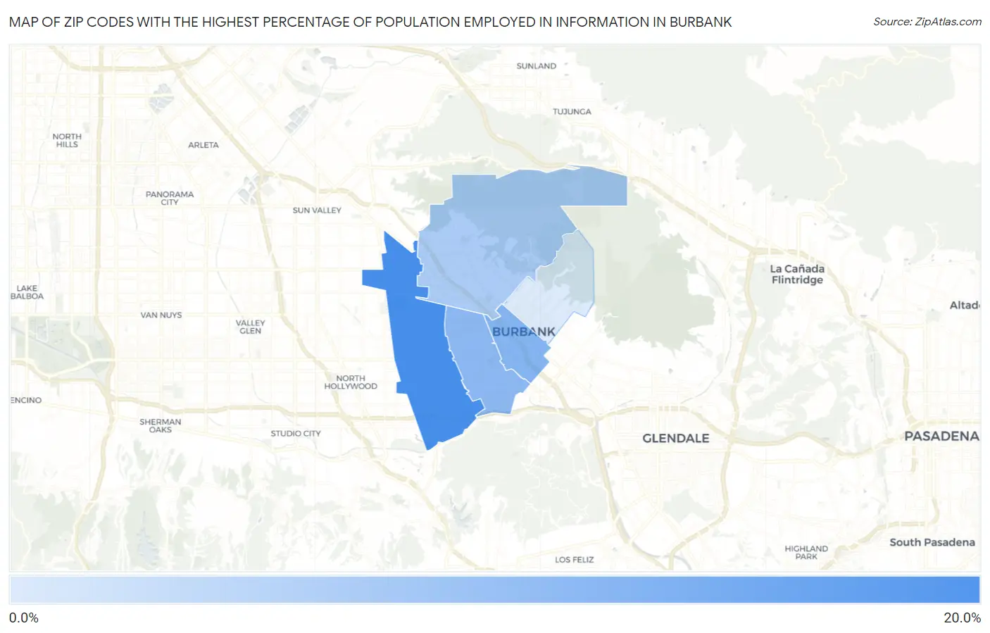 Zip Codes with the Highest Percentage of Population Employed in Information in Burbank Map