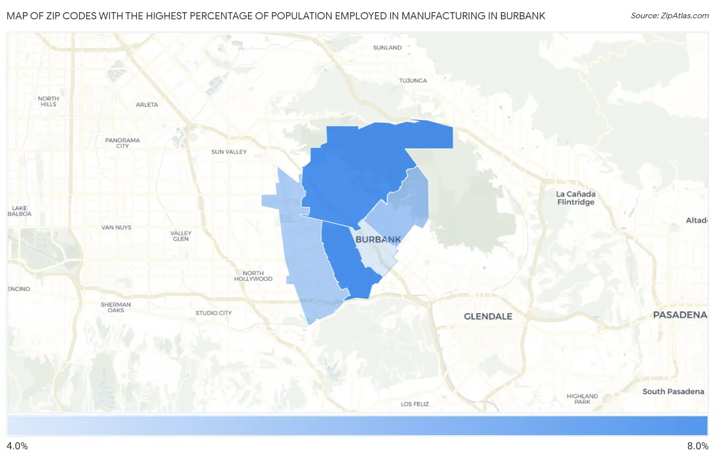 Zip Codes with the Highest Percentage of Population Employed in Manufacturing in Burbank Map