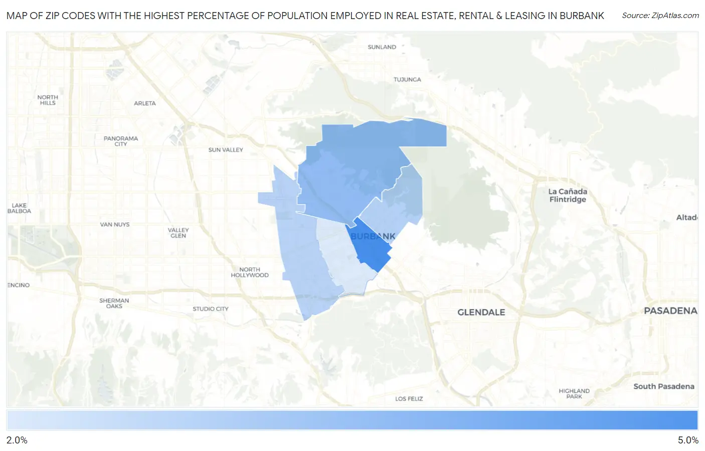 Zip Codes with the Highest Percentage of Population Employed in Real Estate, Rental & Leasing in Burbank Map