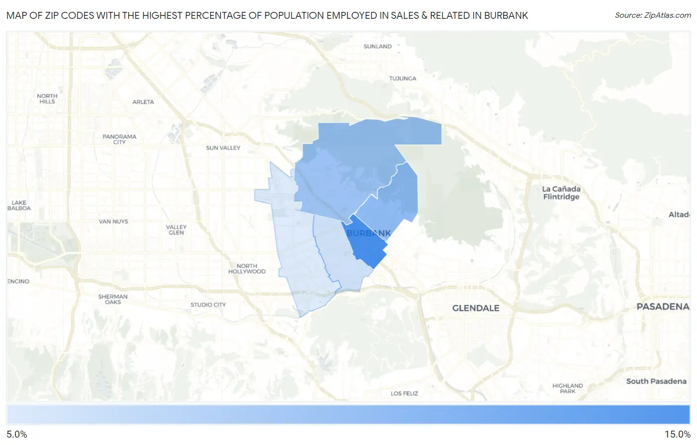 Zip Codes with the Highest Percentage of Population Employed in Sales & Related in Burbank Map